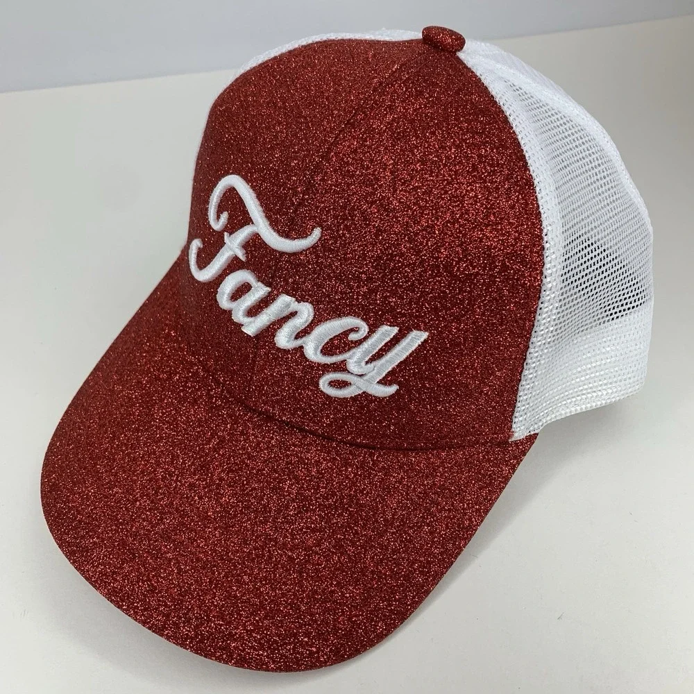 Fancy Glitter Trucker Hat Red White Mesh Adjustable Snapback Outdoor Cap